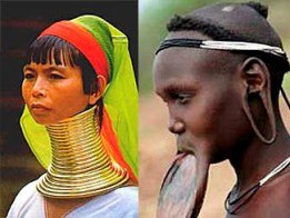 Женщина-жираф, растягивание губ и шеи в племенах